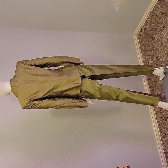 VTG 1960s PAULE VASSEUR Silk Taffeta Metallic Olive Green Mod Pant Suit - Picture 6 of 9